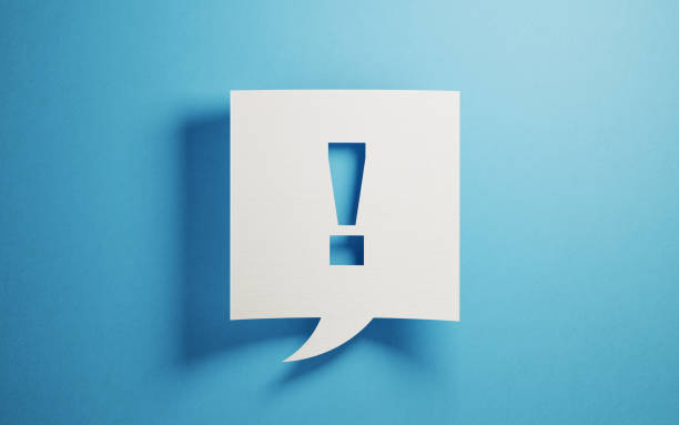 White Chat Bubble On Blue Background White chat bubble on  blue background. There is an exclamation point on chat bubble. Horizontal composition with copy space. warning sign photos stock pictures, royalty-free photos & images