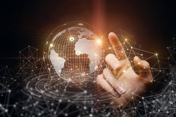 istock Big hand on the background of a business network. 939838142