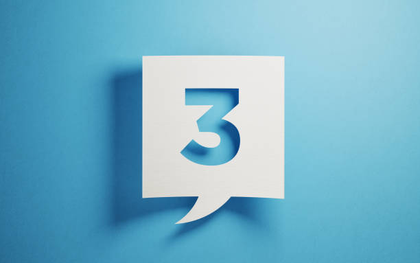 White Chat Bubble On Blue Background White chat bubble on  blue background. Number three writes on chat bubble. Horizontal composition with copy space. number 3 photos stock pictures, royalty-free photos & images