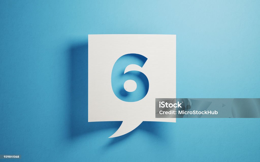 White Chat Bubble On Blue Background White chat bubble on  blue background. Number six writes on chat bubble. Horizontal composition with copy space. Number 6 Stock Photo