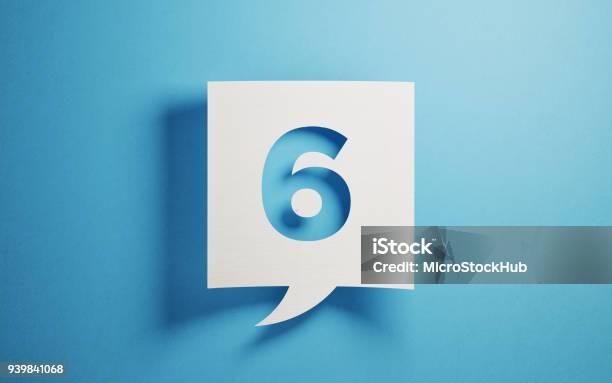 White Chat Bubble On Blue Background Stock Photo - Download Image Now - Number 6, Number, Financial Figures