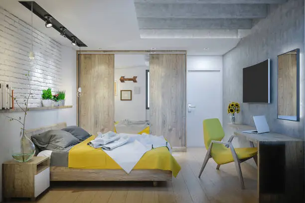 Modern and elegant bedroom with wooden and yellow details. Modern home render