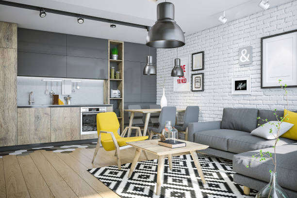 istock Modern living space with kitchen and yellow details 939847612