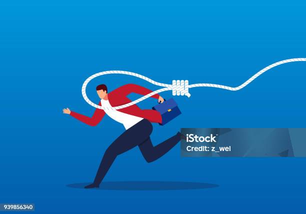 Runaway Businessman Trapped By Huge Rope Stock Illustration - Download Image Now - After Work, Quitting a Job, Trapped
