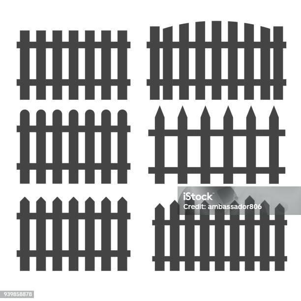 Fence Barrier Set Wooden Plank Fences Vector Stock Illustration - Download Image Now - Architecture, Black Color, Boundary