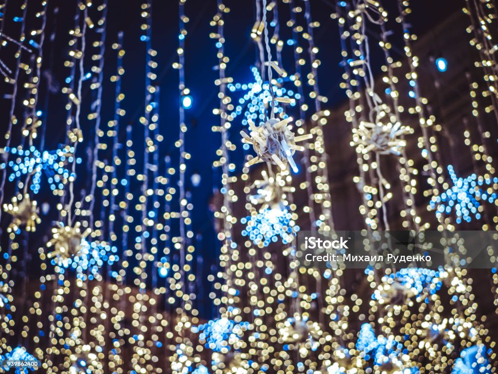 night city garland hanging outside in the street Abstract Stock Photo