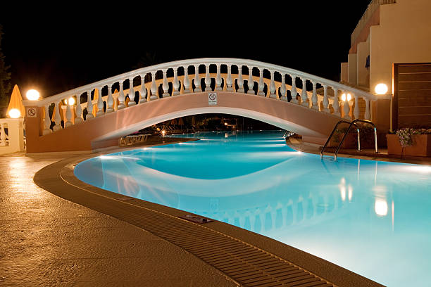 istock pool of Greek hotel at night 93986635