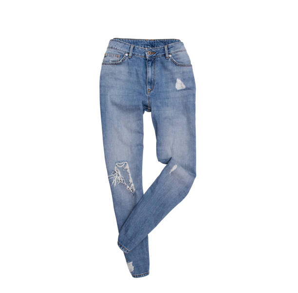 istock Ragged blue jeans. Fashionable concept. Isolated. White background 939875810