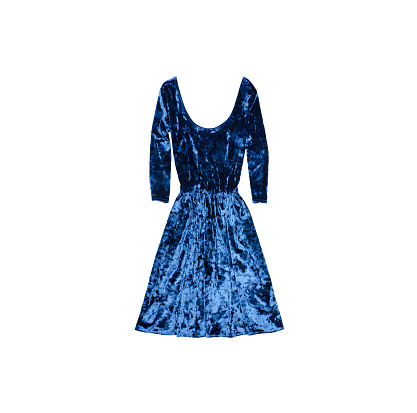 Blue velvet dress. Fashionable concept. Isolated. White background