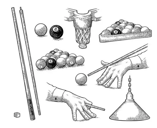 Vector illustration of Set billiard. Stick, balls, chalk, pocket and lamp.Vintage black engraving