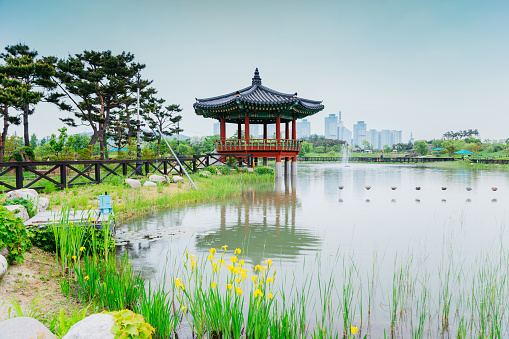 Pond and Korean traditional pavilion at Hanbat Arboretum in Daejeon, Korea