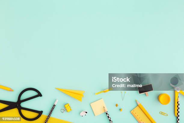 Back To School Background With Yellow School Supplies Flat Lay Stock Photo - Download Image Now