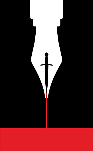 Vector illustration  of a white fountain pen with a black dagger nib and red ink.