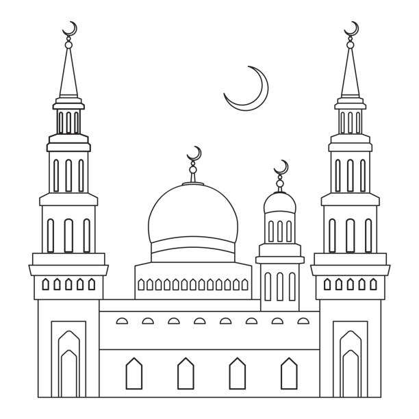 die moschee mit kuppeln und minarette mit einer mondsichel höher, flachen stil, vektor-illustration mit einer dünnen linie - bairam stock-grafiken, -clipart, -cartoons und -symbole