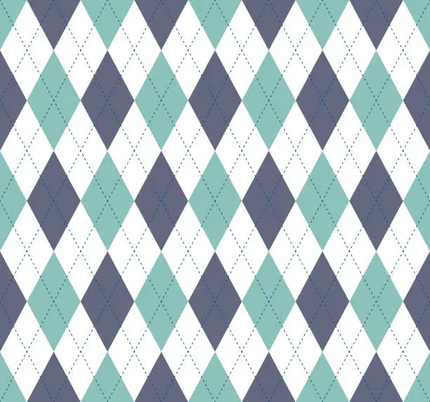 Vector illustration of Seamless argyle plaid pattern in grayish cyan green, dark grayish blue, white and navy.