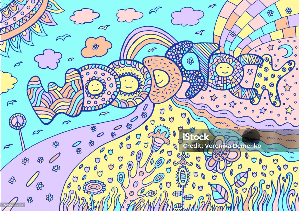  Ilustración de Pastel De Colores De Arte Con La Palabra Paisaje De Woodstock Y El Verano Colores De Neón De Tumblr Dibujos Animados Arte De Doodle Ilustración De Vector y más Vectores