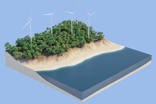 3d isometric view of tropical terrain with palm trees, beach, ocean and wind turbines.