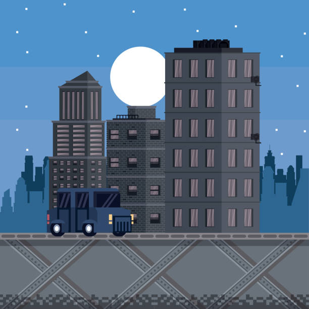 illustrations, cliparts, dessins animés et icônes de jeux vidéo urbain pixélisée - cartoon city town car