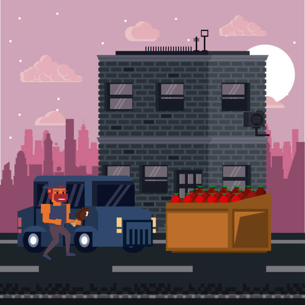 pixelated miejska sceneria gier wideo - cartoon city town car stock illustrations