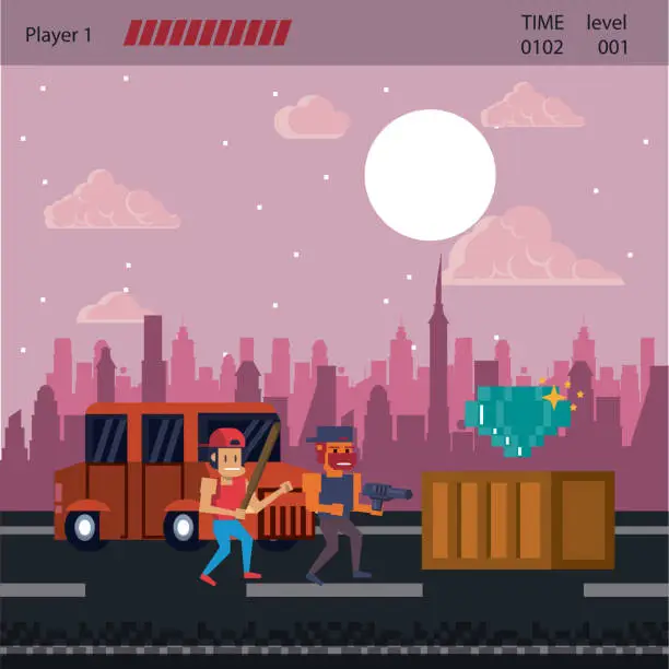 Vector illustration of Pixelated urban videogame scenery