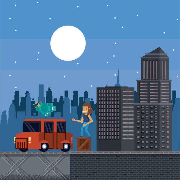 illustrations, cliparts, dessins animés et icônes de paysage urbain videogame pixélisée - cartoon city town car