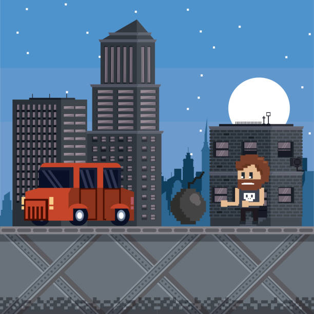 pixelated 도시 비디오 게임 풍경 - cartoon city town car stock illustrations