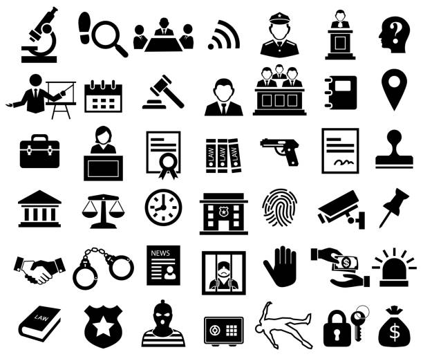 justice and legal sign icon set justice and legal sign icon set crime stock illustrations