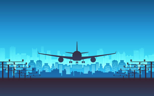 ilustrações de stock, clip art, desenhos animados e ícones de silhouette of passenger airplane landing with city skyline in blue color background - vector blue airport arrival departure board