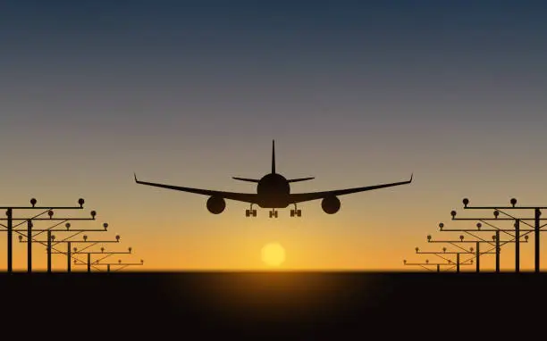 Vector illustration of silhouette of Passenger airplane landing on runway and sunset sky background