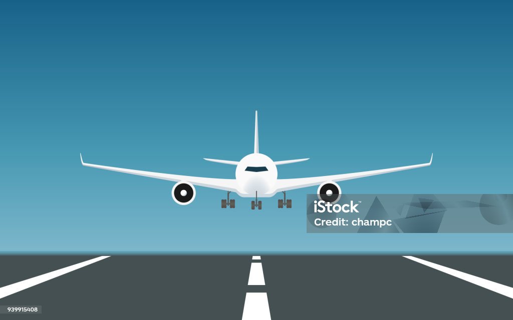 Avión de pasajeros aterrizar en pista en diseño plano icono con fondo de cielo azul - arte vectorial de Avión libre de derechos