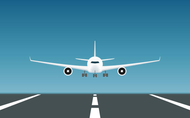 illustrazioni stock, clip art, cartoni animati e icone di tendenza di aereo passeggeri che atterra sulla pista in un design a icona piatta con sfondo cielo blu - atterrare