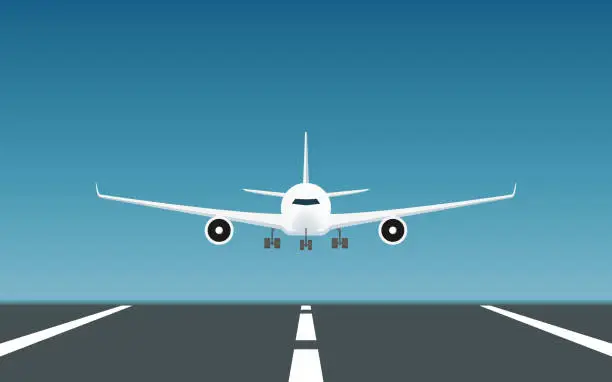 Vector illustration of Passenger airplane landing on runway in flat icon design with blue sky background