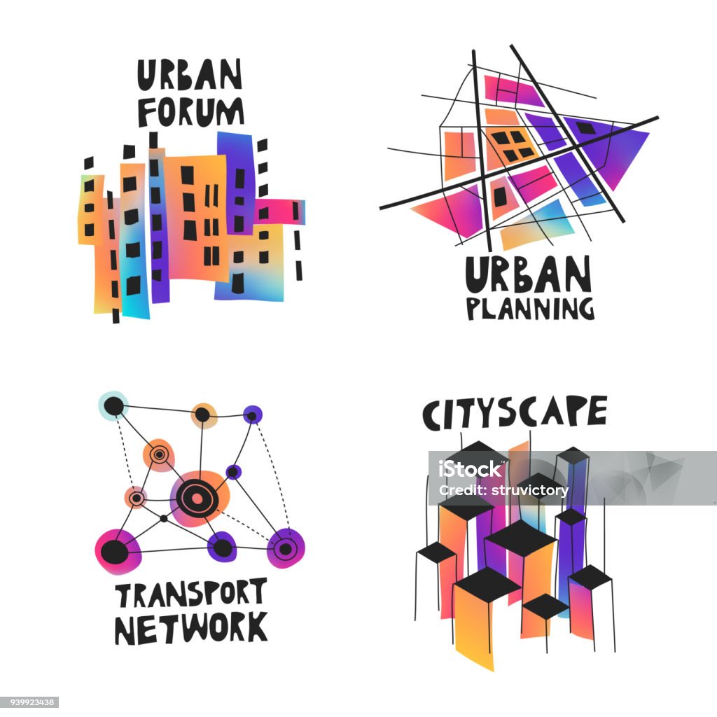 Vector set of fluid gradient hand-drawn logos on the theme of urban planning, city forum, communities, architecture, real estate. Logo stock vector