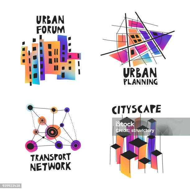 Vector Set Of Fluid Gradient Handdrawn Logos On The Theme Of Urban Planning City Forum Communities Architecture Real Estate Stock Illustration - Download Image Now