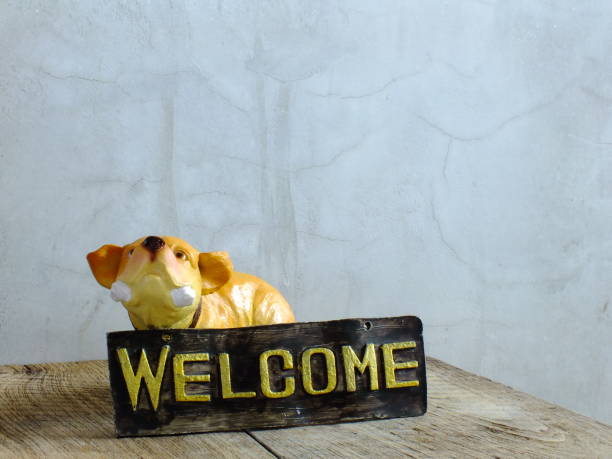 istock ceramic dog with welcome sign on wooden background 939926306