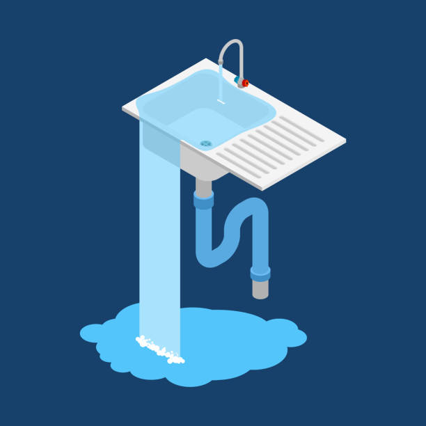 kitchen sink is clogged. Leakage canalization. Litter in pipe. Isometry style vector art illustration