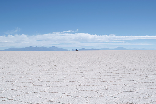 The great Uyuni salt flat with its hexagonal shapes and its white color