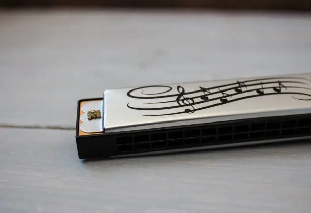 Photo of harmonica on wooden background