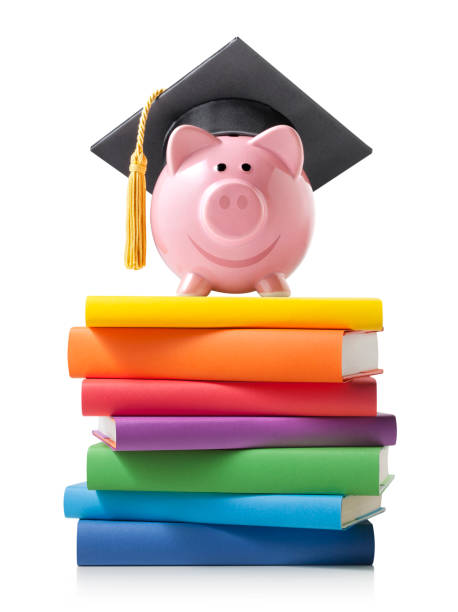 istock Piggy bank with graduation cap on colored books 939946338