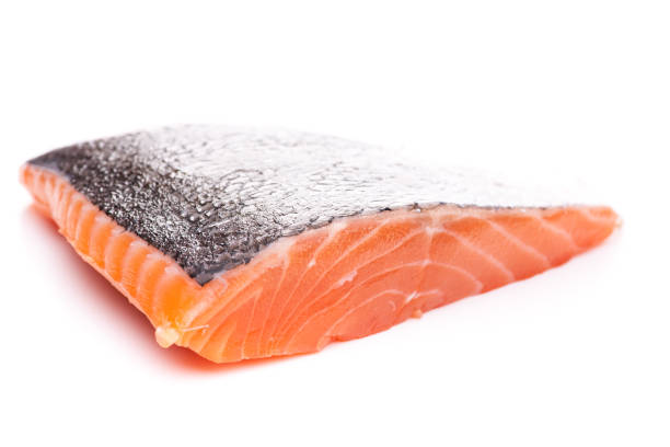 Single piece of salmon isolated on white background