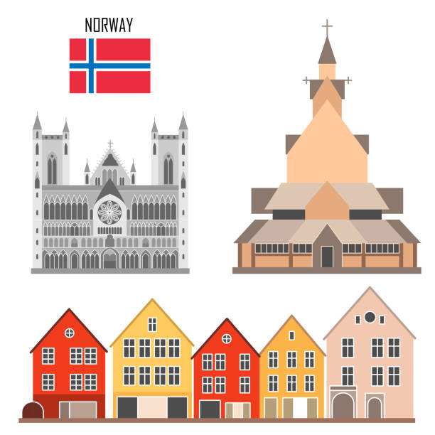 Norway set of landmark icons Norway set of landmark icons in flat style: Gothic Nidaros cathedral, Stave church in Borgund, Bergen wooden colorful buildings. Travel sightseeing collection. Vector illustration. bergen stock illustrations