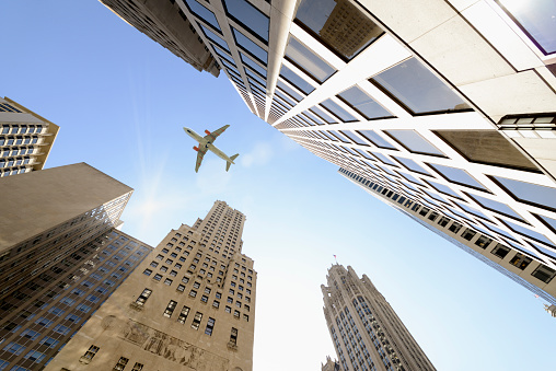 Airplane flying over Chicago.