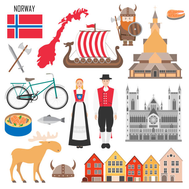 Set with Norwegian symbols Set with Norwegian symbols: viking ship, flag of Norway, elk, costume, wooden church, salmon. Travel nordic elements in flat style. Vector illustration bergen stock illustrations