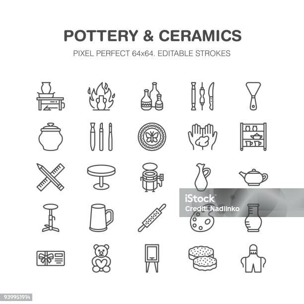 Pottery Workshop Ceramics Classes Line Icons Clay Studio Tools Signs Hand Building Sculpturing Equipment Potter Wheel Electric Kiln Tools Pixel Perfect 64x64 Stock Illustration - Download Image Now