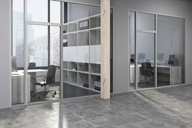 istock Gray and wooden space office lobby 939962390