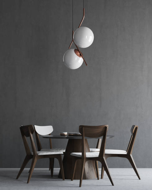 istock Gray and wooden minimalistic dining room interior 939962638