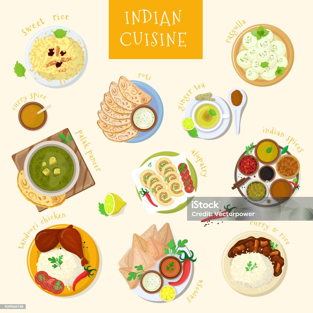 Vecteur de cuisine indienne cuisine Inde et plats asiatiques masala avec riz épicé et poulet tandoori illustration de naan repas Asie dans bol isolé sur fond blanc - clipart vectoriel de Cuisine indienne libre de droits