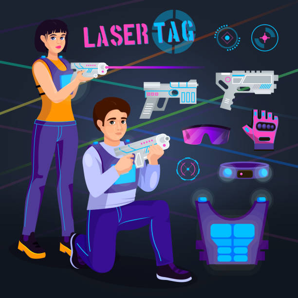 Gamer in laser tag vector player character gaming in lasertag with gun shooting in aim illustration set of people playing in gameplay with laser weapon isolated on background Gamer in laser tag vector player character gaming in lasertag with gun shooting in aim illustration set of people playing in gameplay with laser weapon isolated on background. baby gun stock illustrations
