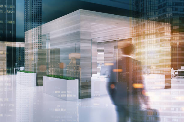 istock Wooden wall office, black ceiling side blur 939970688
