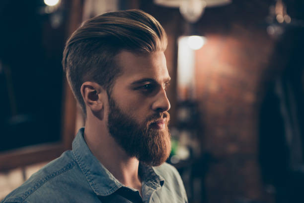 Barbershop Concept Profile Side Portrait Of Attractive Severe Brutal Red Bearded  Young Guy He Has A Perfect Hairstyle Modern Stylish Haircut Stock Photo -  Download Image Now - iStock